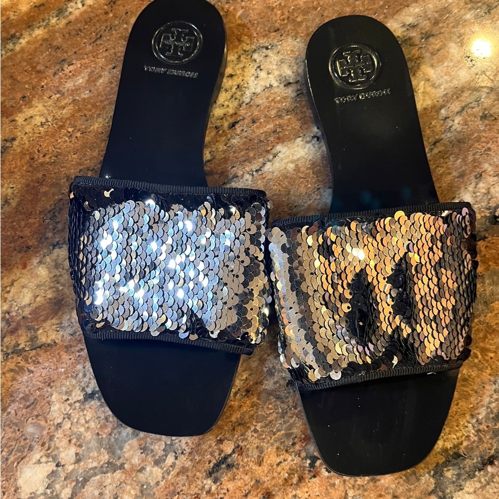 Tory Burch Black and Silver Sandals with Reversible Sequins
